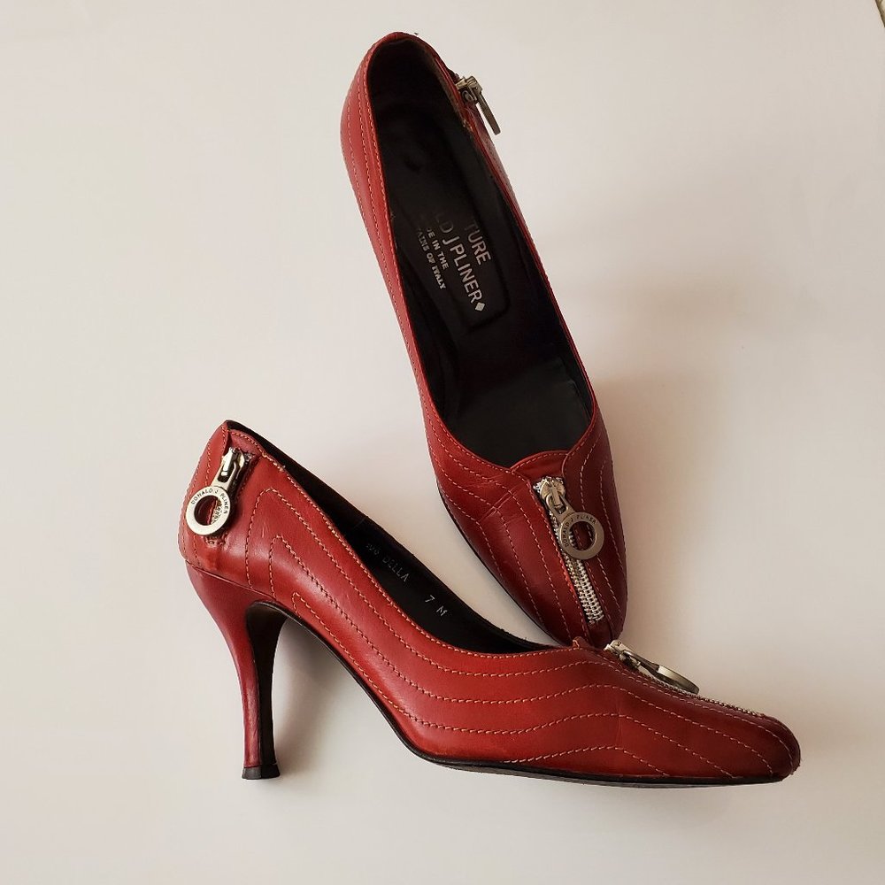 Donald J Pliner Red Leather Heels with Zippers and White Stiching Accents Size 7